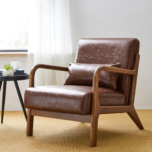 30.75 "H Mid Century Coffee Accent Armchair, Single Reading Armchair PU Leather Lounge Chair with Walnut Ruberwood Frame